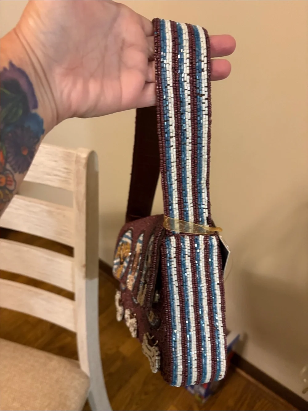 T.J.Maxx Brown Beaded Dog Portrait Shoulder Bag with little movable bones